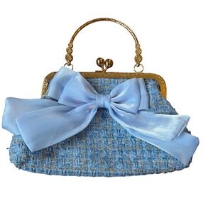 Blue Tweed Purse w/ Bow Gold Handle Chain Crossbody Bag Preppy Retro 60s Classic